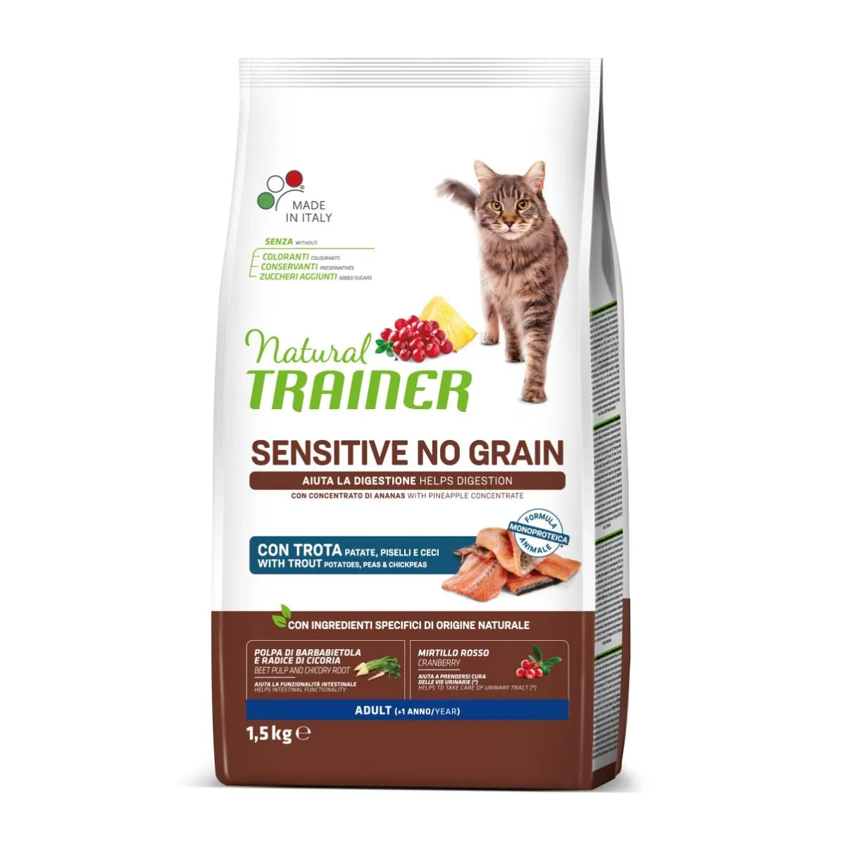 Alimento completo Natural Trainer Gatto Sensitive Trota 1,5 kg per gatti adulti con sensibilità digestiva Alimento completo Natural Trainer Gatto Sensitive Trota 1,5 kg per gatti adulti con sensibilità digestiva