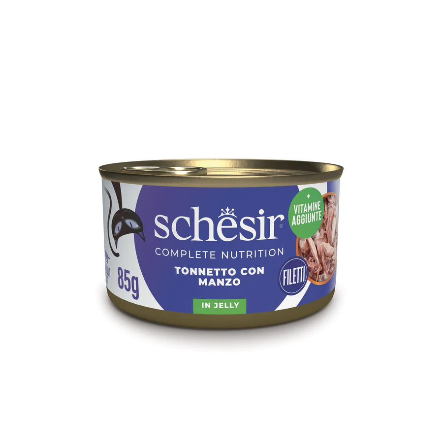Schesir alimento umido gatto adulto 85g tonnetto e manzo in gelatina, con filetti naturali Schesir alimento umido gatto adulto 85g tonnetto e manzo in gelatina, con filetti naturali