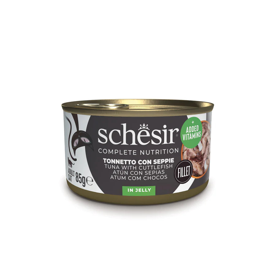 Schesir umido gatto adulto 85g tonnetto con seppie, in gelatina, con vitamine aggiunte Schesir umido gatto adulto 85g tonnetto con seppie, in gelatina, con vitamine aggiunte