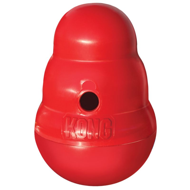 KONG Wobbler rosso taglia small per cani piccoli, dispenser di crocchette interattivo in plastica dura KONG Wobbler rosso taglia small per cani piccoli, dispenser di crocchette interattivo in plastica dura