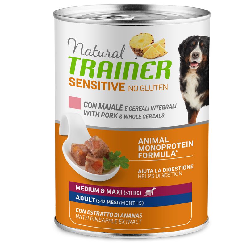 Natural Trainer Sensitive No Gluten Cane Medium & Maxi Adult Maiale E Cereali Integrali 400 Gr