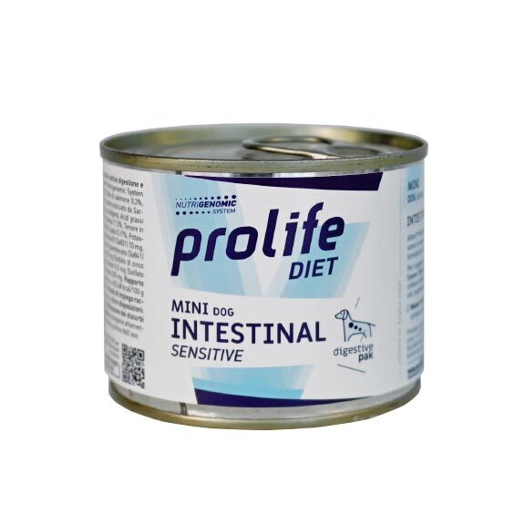 Prolife Intestinal Sensitive Mini cane piccolo 12x200g umido al maiale con psyllium, utile in caso di disturbi digestivi