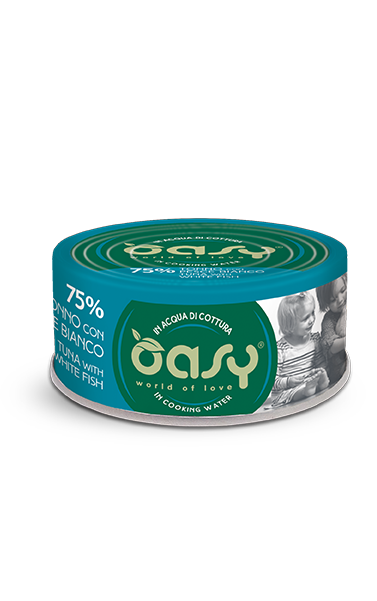 Oasy umido gatto adulto 12x70g tonno con pesce bianco in acqua di cottura, alimento complementare in multipack
