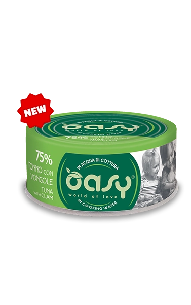 Oasy umido gatto adulto 12x70g tonno con vongole in acqua di cottura, alimento complementare naturale in multipack