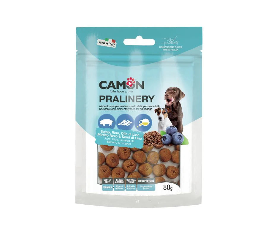 Camon Praline di Suino Semi di Lino e Mirtilli 80g - Snack per Cane