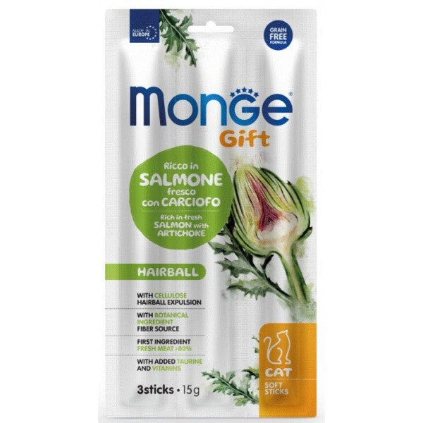 MONGE GATTO Gift Ricco in Salmone con Carciofo - Hairball Soft Sticks 15g