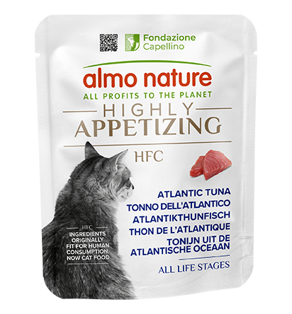Almo Nature Highly Appetizing gatto adulto tonno 50g, dettaglio degli ingredienti principali: tonno, brodo, riso