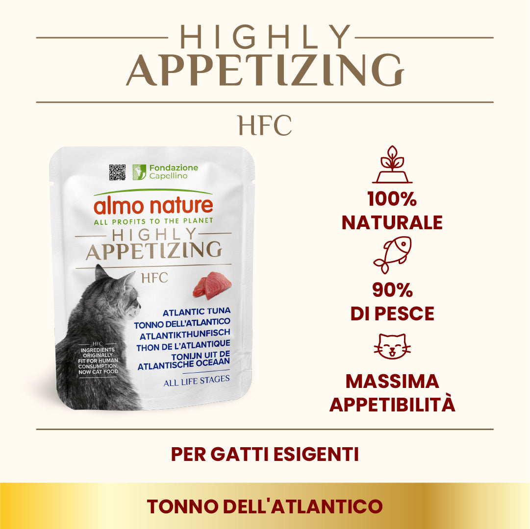 Almo Nature Highly Appetizing gatto adulto tonno 50g, pack illustrato con claim 100% naturale e 90% di pesce