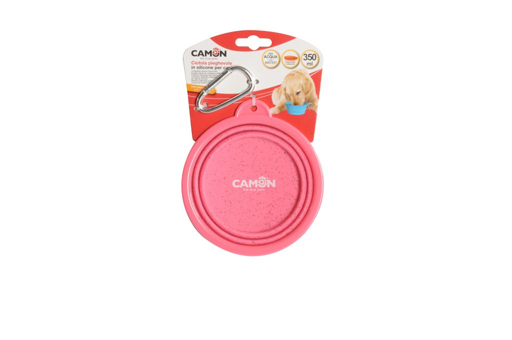 Ciotola pieghevole Camon silicone rosa con moschettone per acqua cani e gatti, capacità 750ml