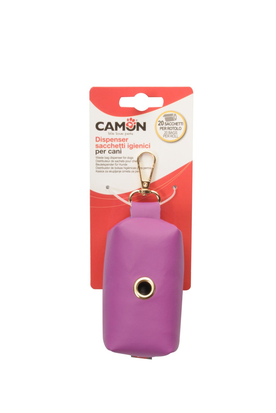 Dispenser Camon in similpelle da 9 cm con moschettone, colori assortiti per sacchetti igienici per cani e gatti