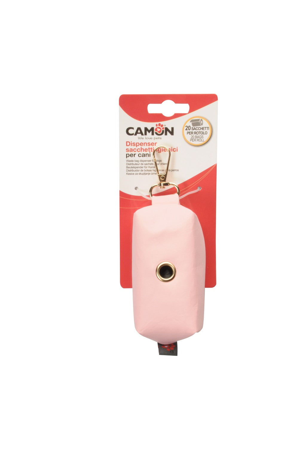 Dispenser Camon in similpelle da 9 cm con moschettone, colori assortiti per sacchetti igienici per cani e gatti