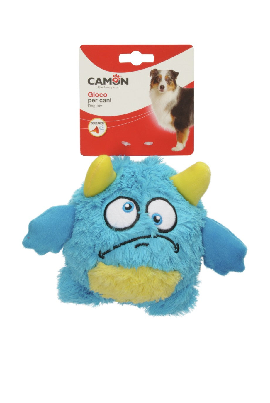 Gioco per cani Camon monster azzurro con squeaker interno in poliestere e TPR, diametro 8 cm, soggetto casuale
