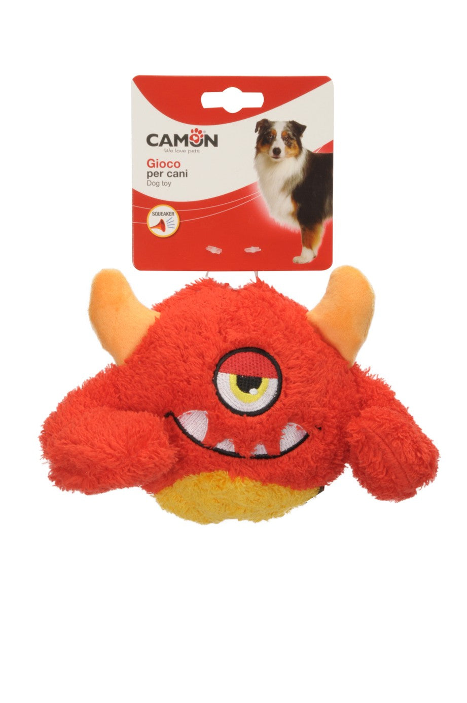 Gioco per cani Camon monster rosso con squeaker interno in poliestere e TPR, diametro 8 cm, soggetto casuale