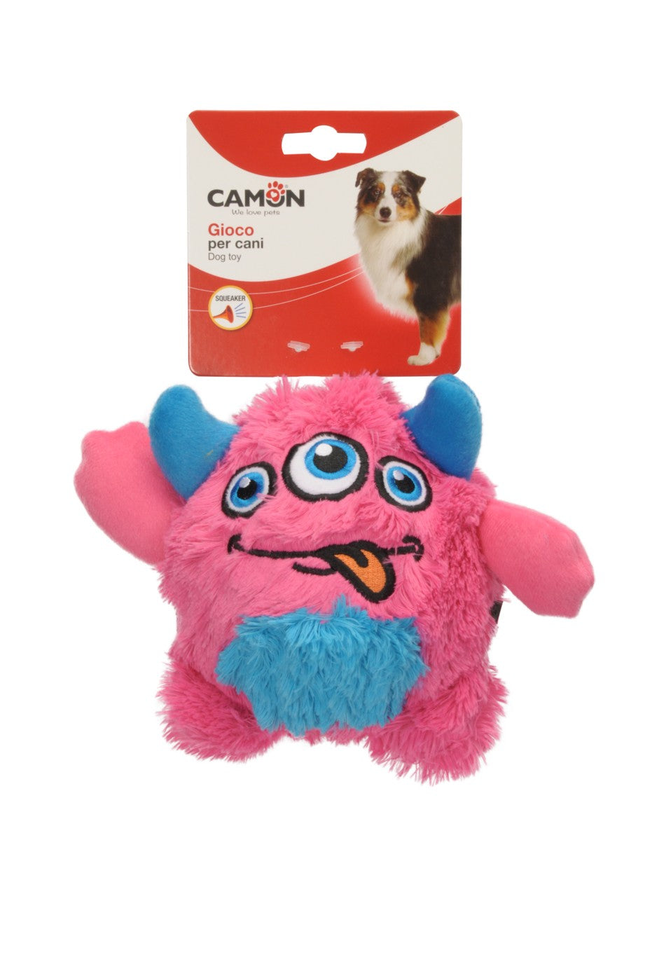 Gioco per cani Camon monster rosa con squeaker interno in poliestere e TPR, diametro 8 cm, soggetto casuale