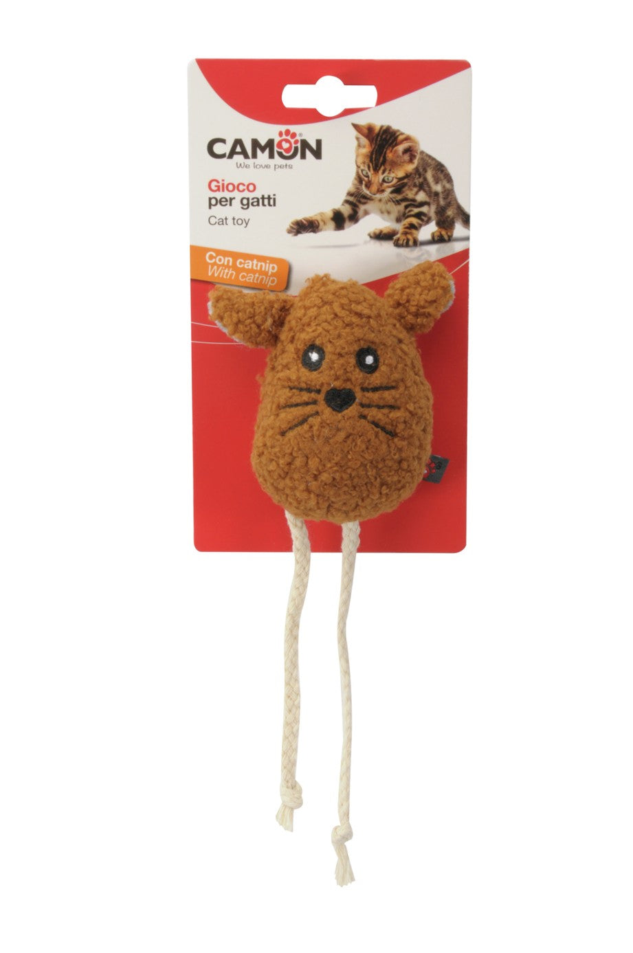 Gioco Camon per gatti a forma di testa di topino con corda e catnip, assortito 10 cm