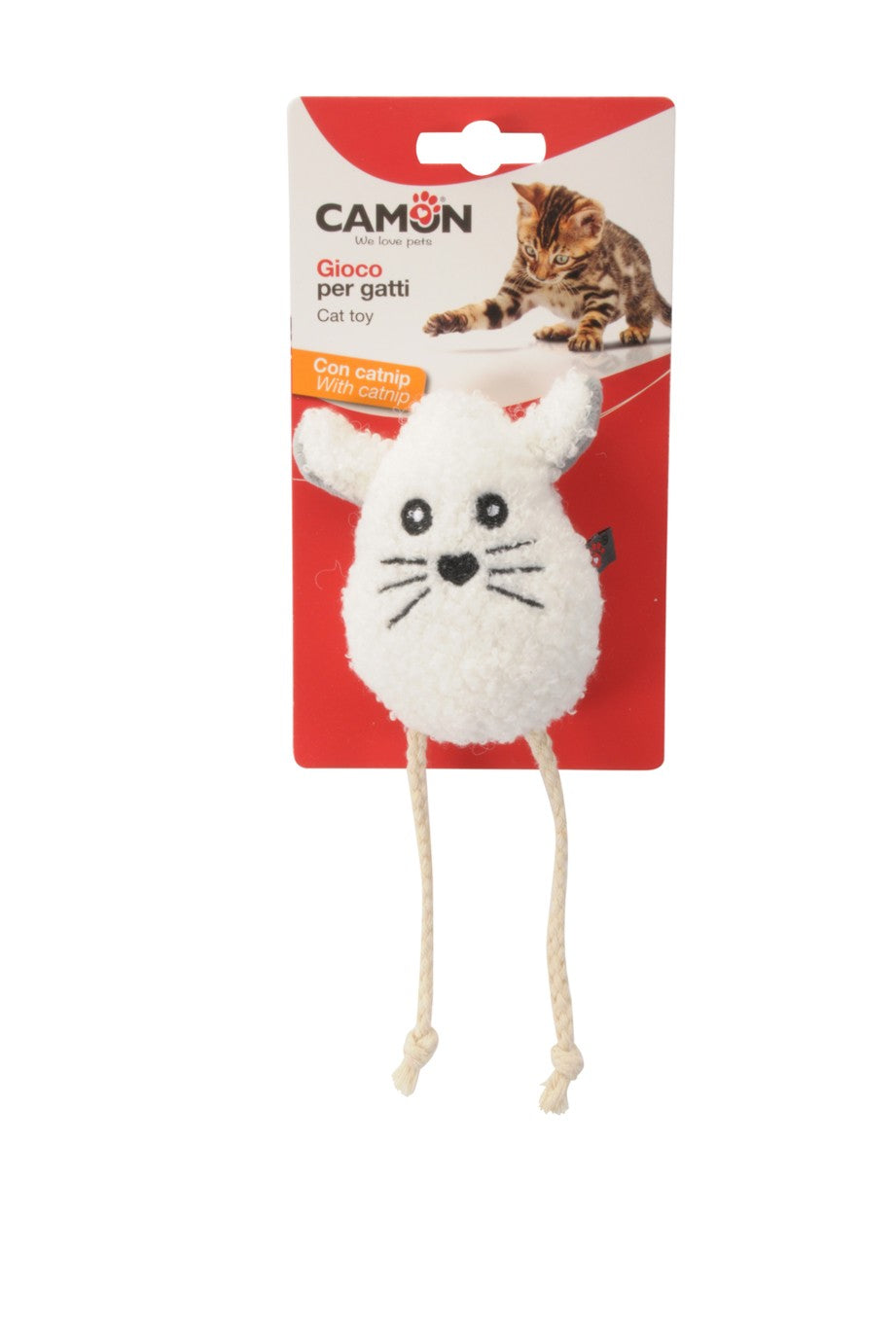 Gioco Camon per gatti a forma di testa di topino con corda e catnip, assortito 10 cm