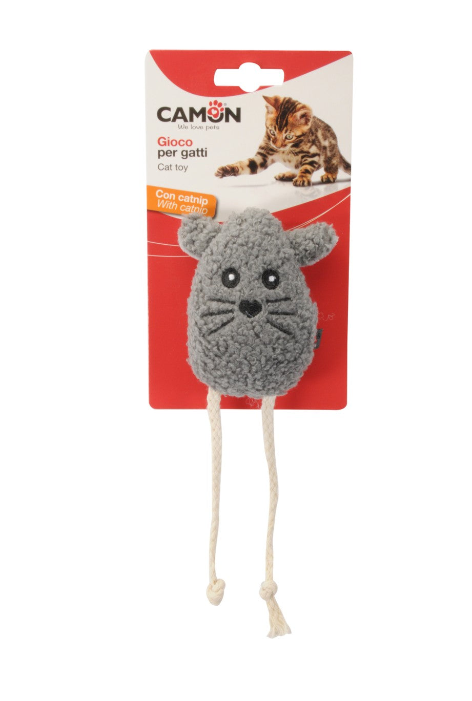 Gioco Camon per gatti a forma di testa di topino con corda e catnip, assortito 10 cm