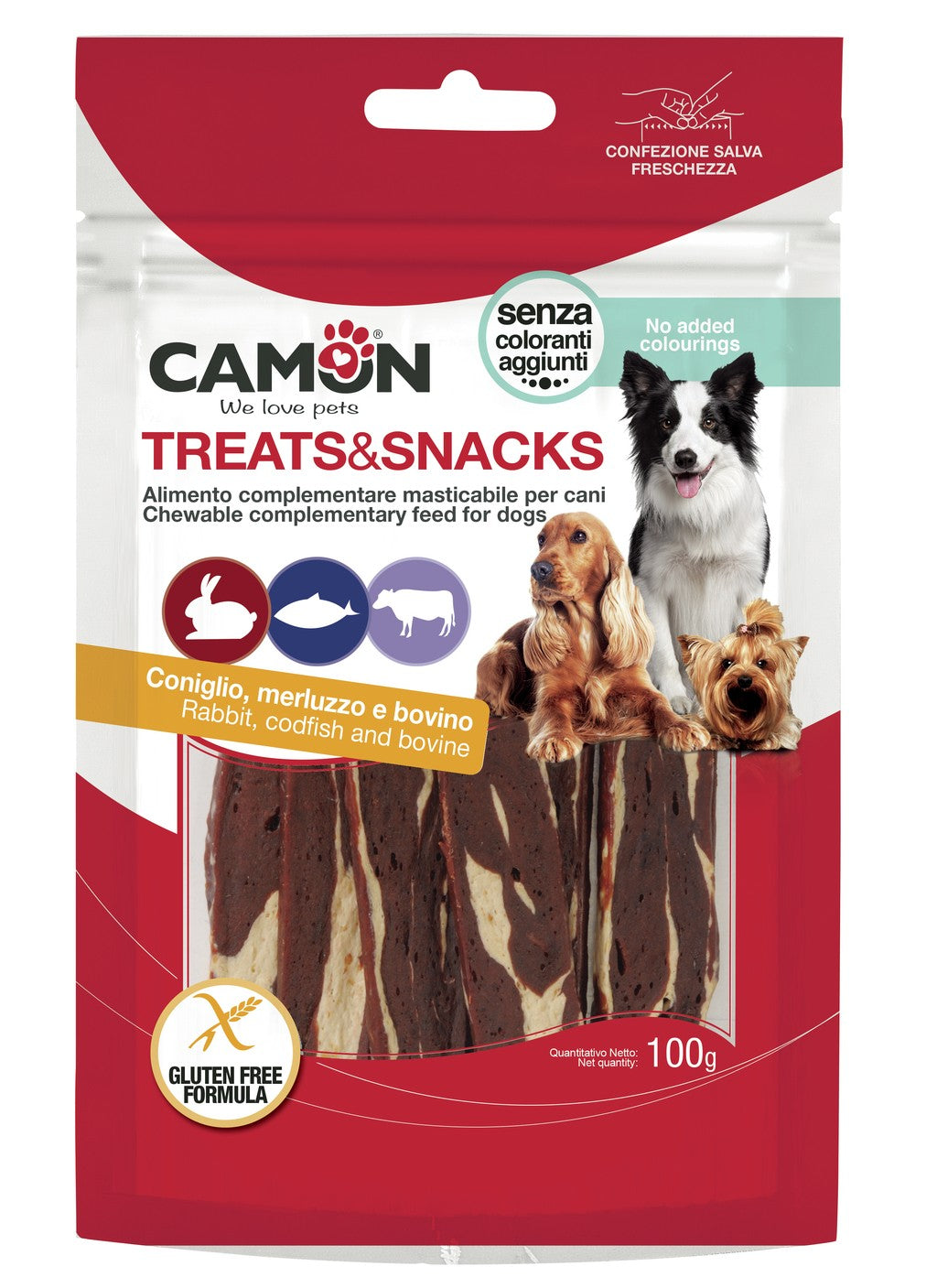 Camon Jerky di Coniglio Merluzzo e Pelle Bovina - Snack per Cani