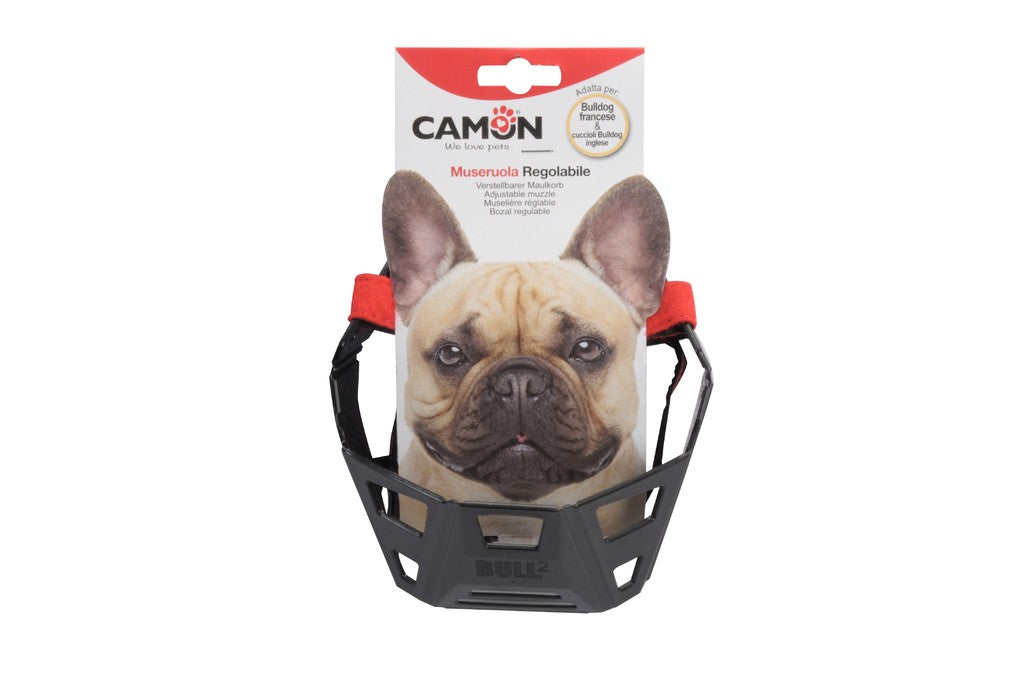 Camon museruola per Bulldog Francese e cuccioli Bulldog Inglese, regolabile in plastica nera con inserti rossi