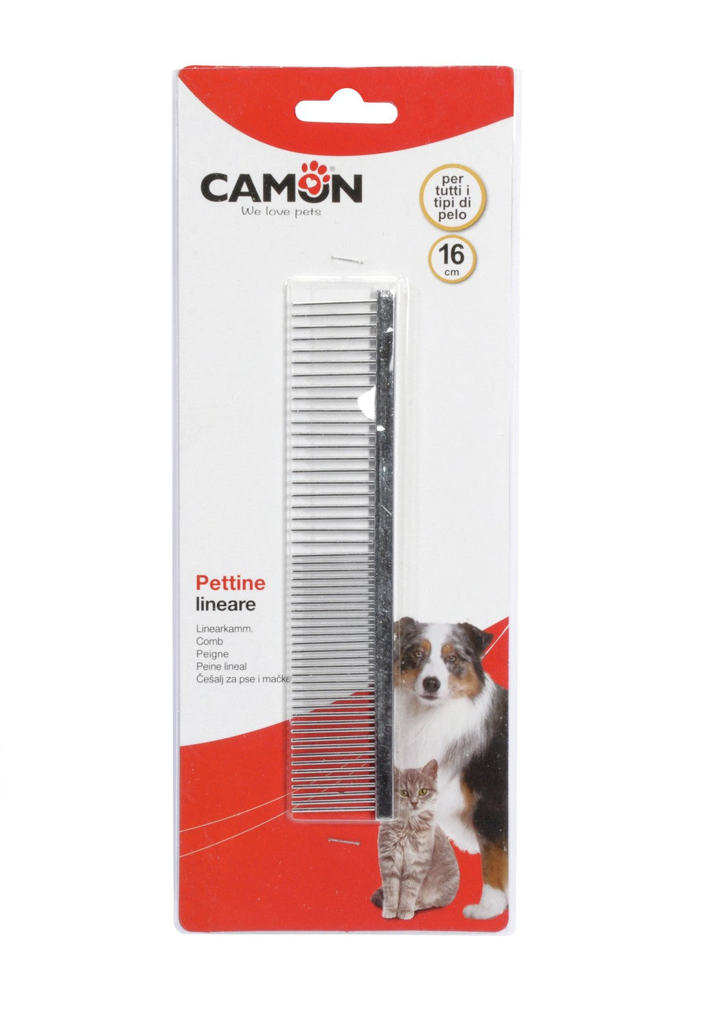Pettine lineare cromato Camon 16 cm con denti lunghi per cani e gatti
