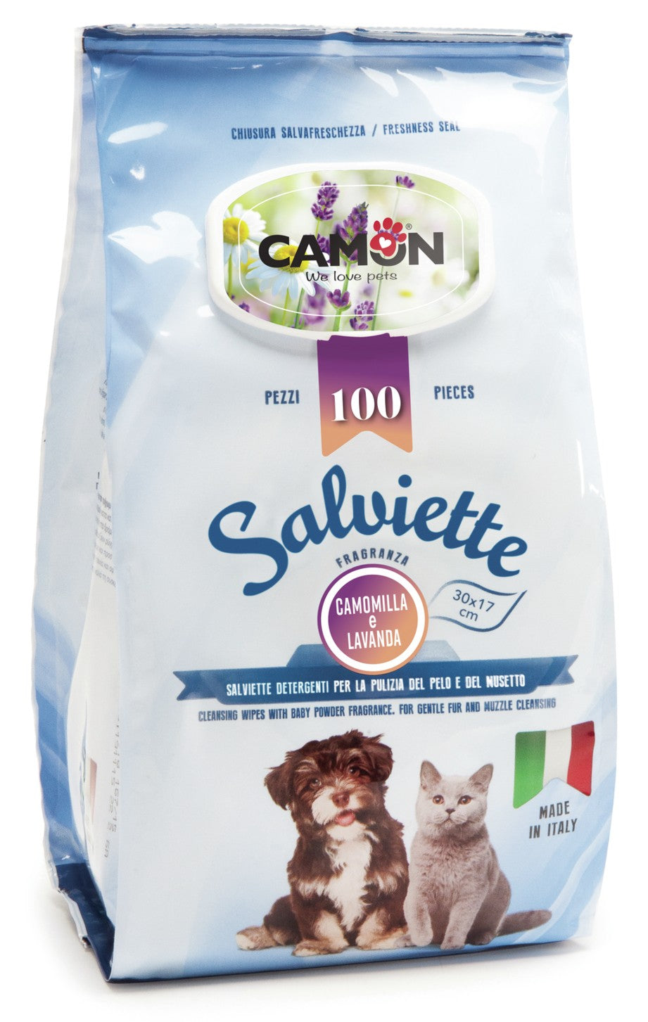 Camon salviette igieniche 100 pezzi camomilla e lavanda per cani e gatti, pack con animali e bandiera Italia