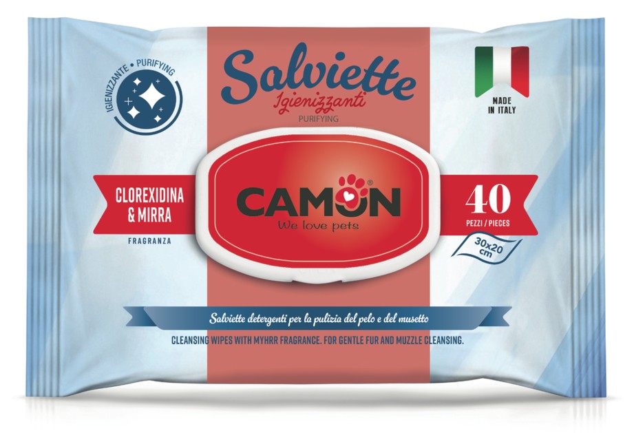 Salviette detergenti Camon 20x30 cm con clorexidina e mirra per cani e gatti confezione da 40 pezzi