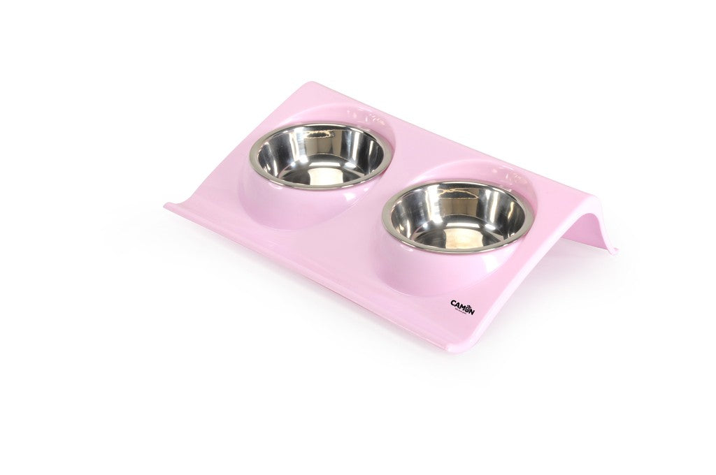 Vassoio Camon con due ciotole da 150 ml per cane e gatto, colore rosa