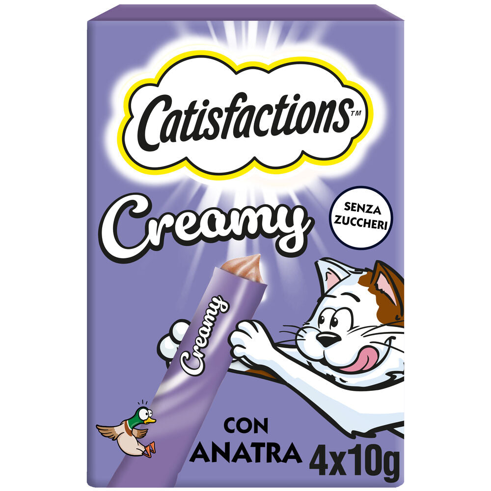Confezione Catisfactions Creamy per gatti con crema all’anatra, senza zuccheri, 4 bustine da 10 g