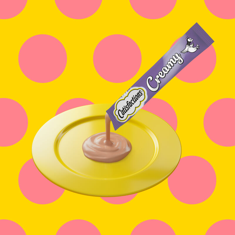 Crema Catisfactions gusto anatra servita in piattino, fuori pasto appetibile per gatti