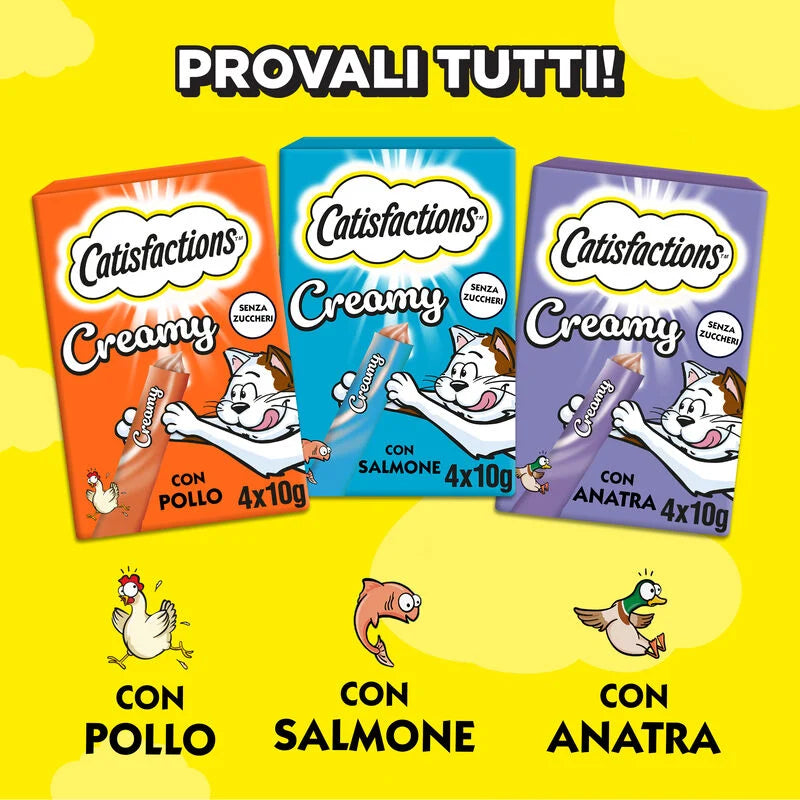 Varianti Catisfactions Creamy per gatto: pollo, salmone e anatra, in confezione da 4x10 g