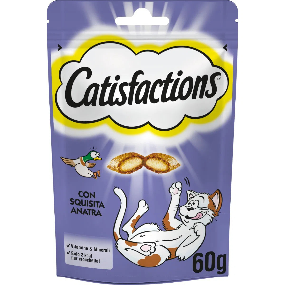 3x Catisfactions con Anatra 60g Snack per Gatti