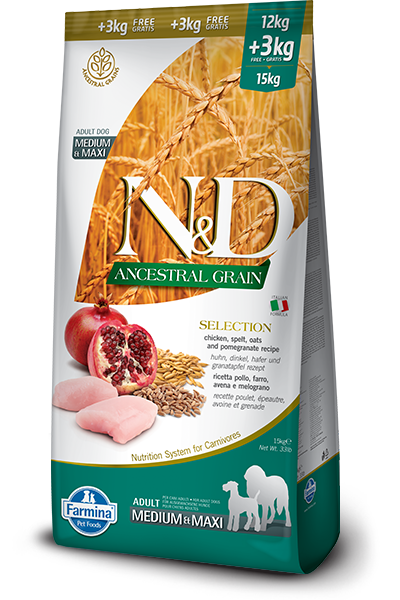 Farmina N&D Ancestral Grain Selection Adult Medium/Maxi Pollo, Melograno 12+3kg