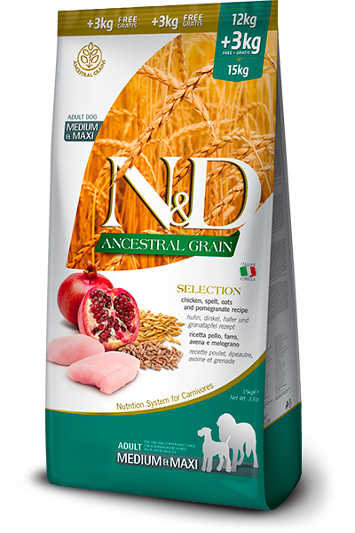 Crocchette Farmina N&D Ancestral Grain Pollo e Melograno 12+3 kg per cani adulti taglia media e grande