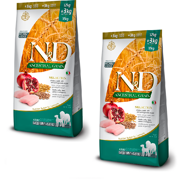 Crocchette Farmina N&D Ancestral Grain Pollo e Melograno 2x15 kg per cani adulti taglia media e grande