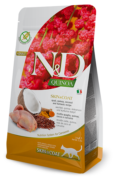 Crocchette Farmina N&D Quinoa Skin&Coat Quaglia 1,5 kg per gatti adulti con intolleranze alimentari