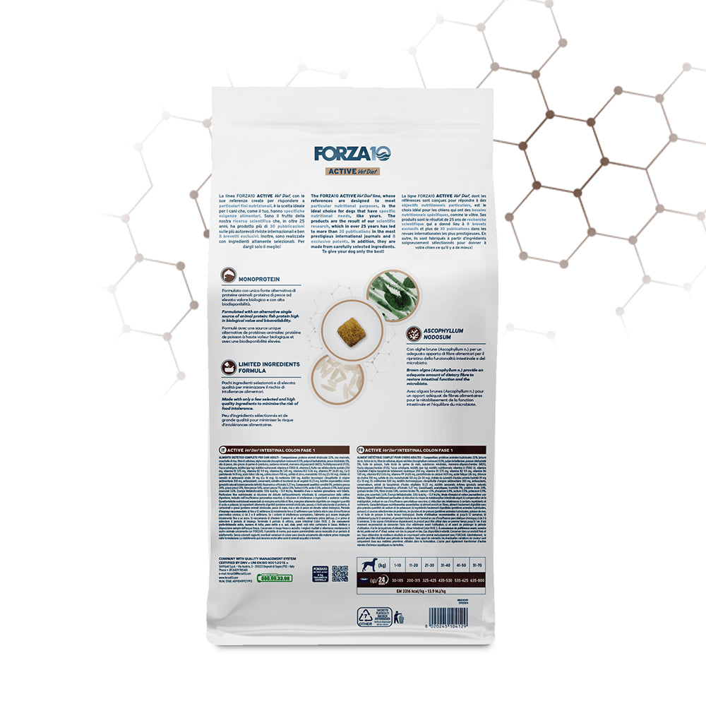Forza10 Intestinal Colon Fase 1 10kg cane adulto, alimento dietetico con pesce e 21% fibre per assorbimento intestinale alterato