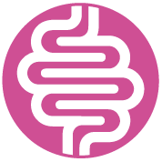 Icona rosa con intestino stilizzato, simbolo supporto digestivo e prebiotici FOS per la flora intestinale