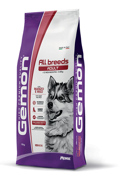 Gemon secco cane adulto 15kg con manzo e riso, indicato per tutte le taglie