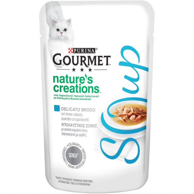 Alimento complementare Gourmet Soup Tonno e Gamberetti 40 g per gatti adulti