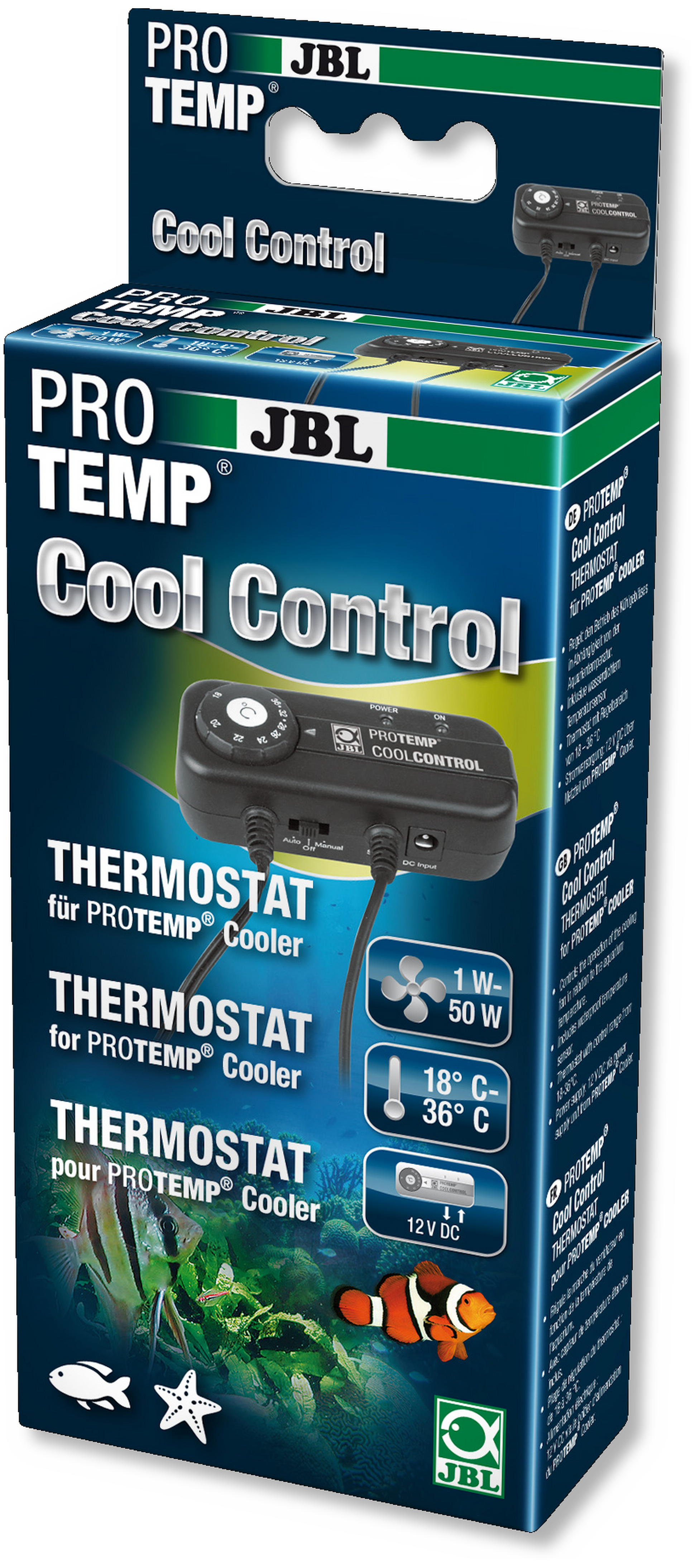 JBL ProTemp Cool Control packaging verticale con indicazione range 18-36°C e compatibilità 12V DC
