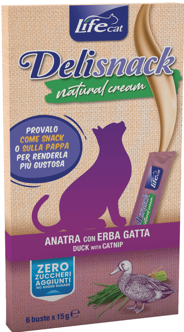 LifeCat Delisnack Natural Cream Anatra con Erba Gatta – 6 Bustine x 15g