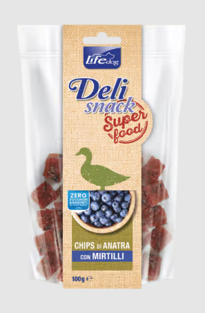 Life Dog DeliSnack Chips di Anatra con Mirtilli 100g - Snack per Cani Monoproteico