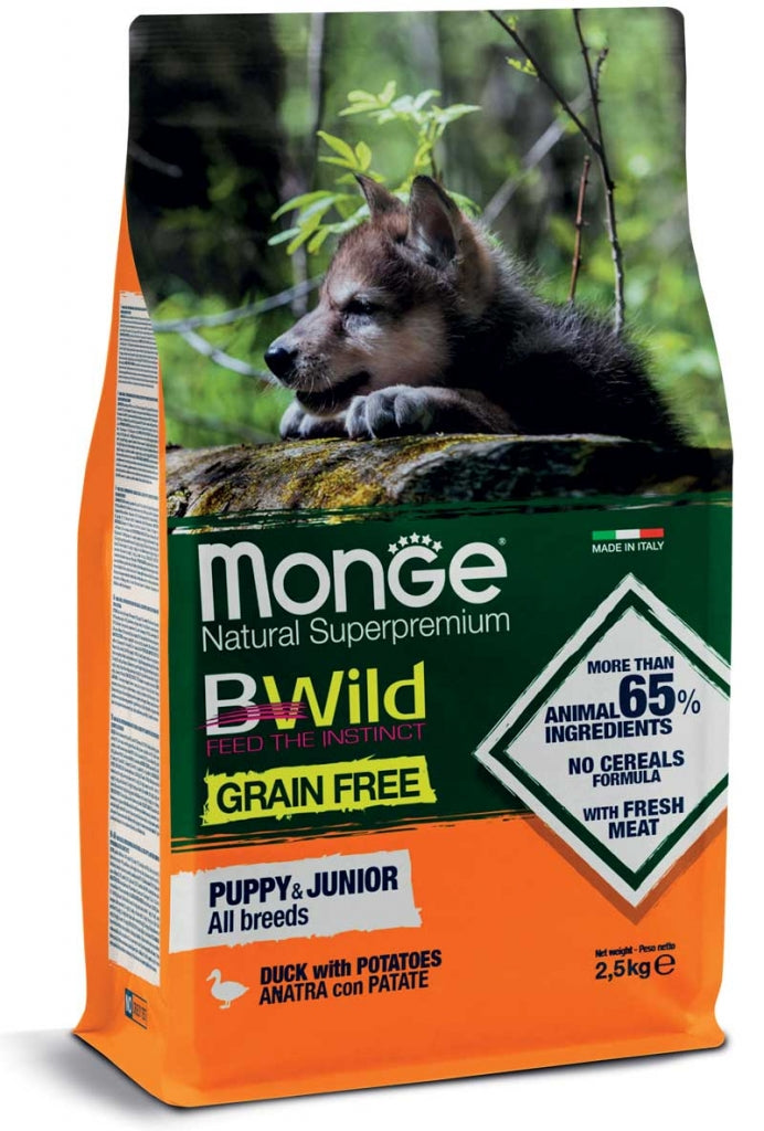 Monge Bwild Puppy Junior anatra con patate 2,5kg, secco grain free per cuccioli di tutte le taglie