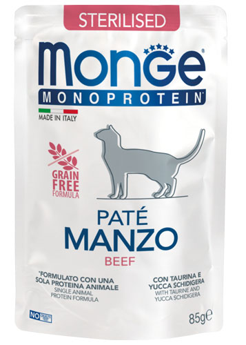Alimento umido Monge Monoprotein Sterilised Paté Manzo 85 g per gatti adulti sterilizzati