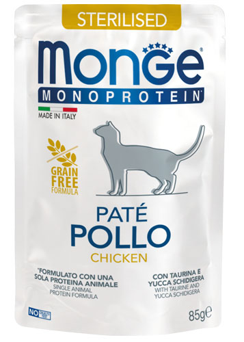 Alimento umido Monge Monoprotein Sterilised Pollo 85 g per gatti adulti sterilizzati.