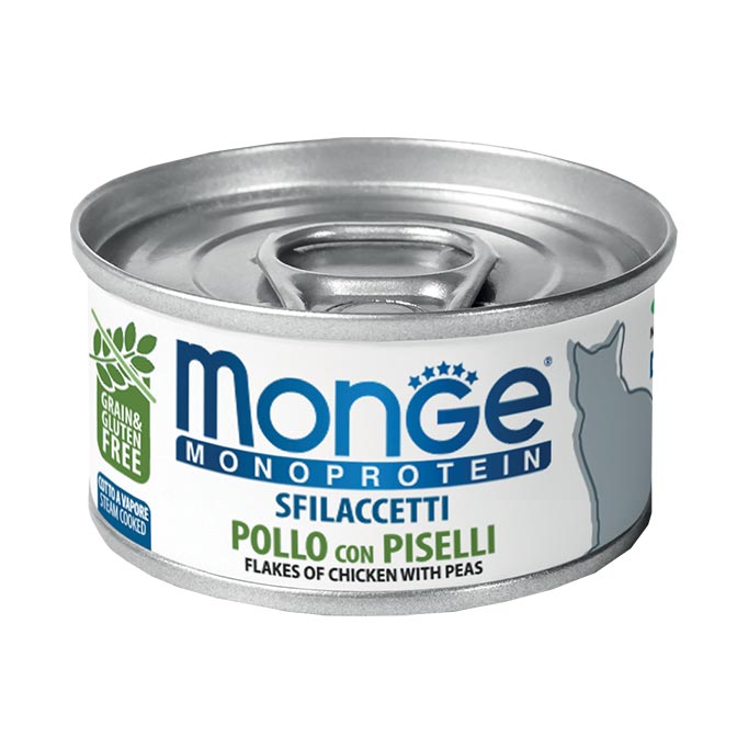 Monge Monoprotein Sfilaccetti di Pollo e Piselli - 80g Alimento umido per Gatti