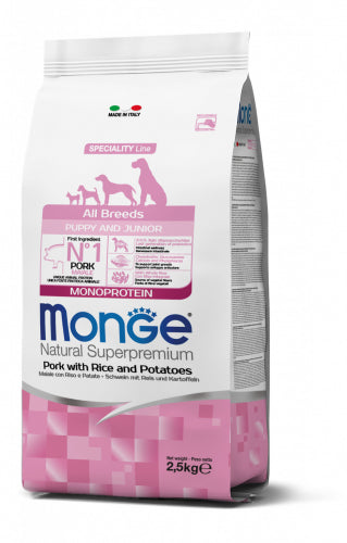 Monge Puppy maiale con riso e patate 2,5kg, alimento secco monoproteico per cuccioli all breeds