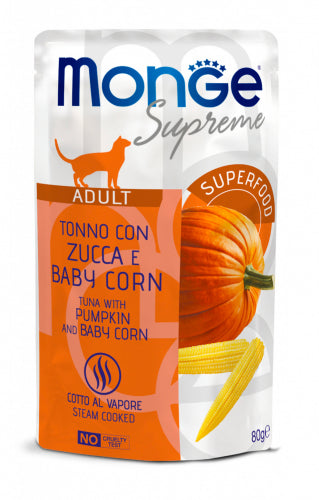 Busta umido Monge Supreme per gatto adulto con tonno, zucca e baby corn, formato 80 g