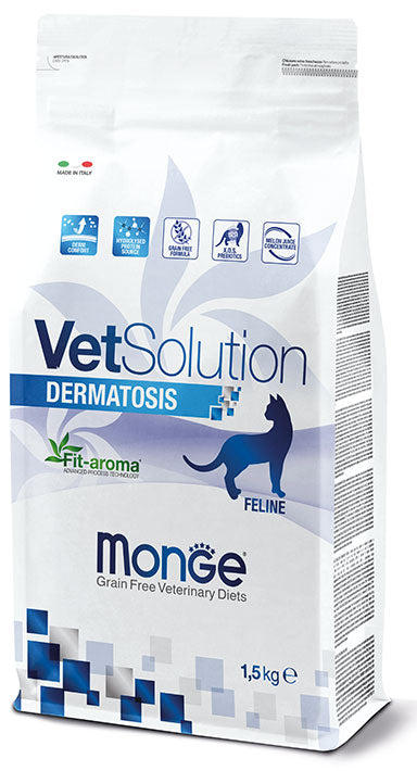 Sacco Monge VetSolution Dermatosis gatto 1,5kg con salmone, grain free, XOS, aloe vera e succo di melone per cute e pelo