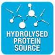Molecola stilizzata con scritta “Hydrolysed Protein Source”, proteine idrolizzate a ridotto potenziale allergenico